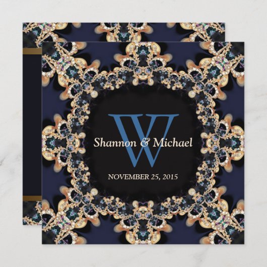 Blue Sapphire Pareltjes Monogram Wedding Invitatio Kaart (Voorkant / Achterkant)