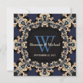 Blue Sapphire Pareltjes Monogram Wedding Invitatio Kaart (Voorkant)