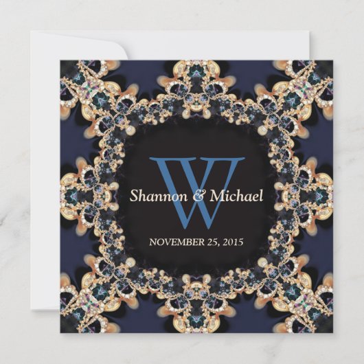 Blue Sapphire Pareltjes Monogram Wedding Invitatio Kaart (Voorkant)