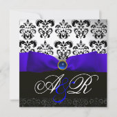 BLUE SAPPHIRE RIBBON WHITE BLACK DAMASK MONOGRAM KAART (Voorkant)