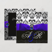 BLUE SAPPHIRE RIBBON WHITE BLACK DAMASK MONOGRAM KAART (Voorkant / Achterkant)