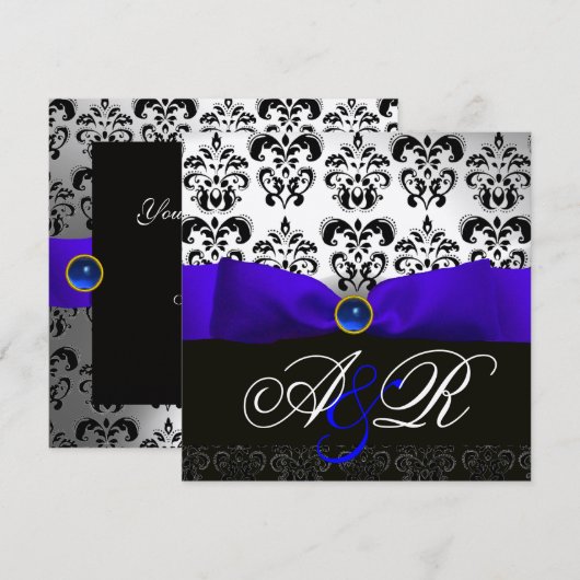 BLUE SAPPHIRE RIBBON WHITE BLACK DAMASK MONOGRAM KAART (Voorkant / Achterkant)