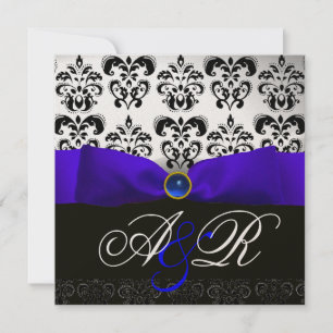 BLUE SAPPHIRE RIBBON WHITE BLACK DAMASK MONOGRAM KAART