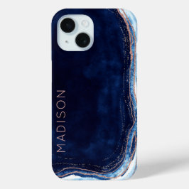 Blue Sapphire & Roos Gold Geode Agate Personalized iPhone 15 Case
