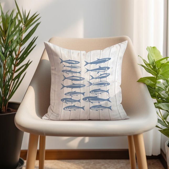 Blue Sardines Zee Life Ocean Nautical White Wood Kussen (Blue sardine pattern pillow)