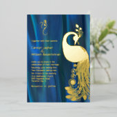 Blue Satin met Gold Peacock en Ganesha Wedding Folie Uitnodiging (Staand Voorkant)