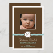 Blue Satin Ribbon met monogram geboorteaankondigin Aankondiging (Voorkant / Achterkant)