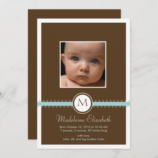 Blue Satin Ribbon met monogram geboorteaankondigin Aankondiging (Voorkant / Achterkant)