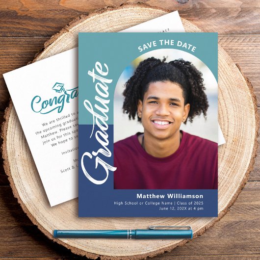 Blue Save Date Afstuderen Photo Bold Arch Script Uitnodiging Briefkaart
