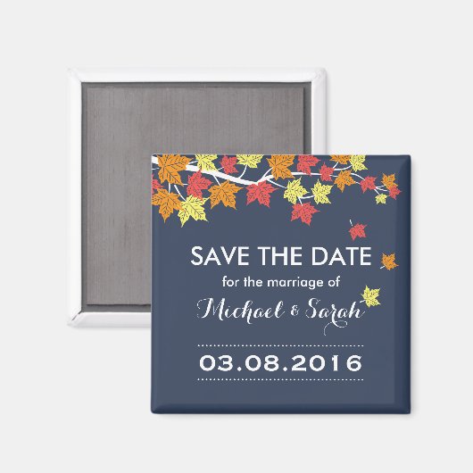 Blue Save the Date Maple Leaf Fall Wedding Magnet (Voorkant / Achterkant)