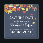 Blue Save the Date Maple Leaf Fall Wedding Magnet<br><div class="desc">Sparen de datummagneet met het vallen van paardenbladeren. Ideaal voor herfsttrouwreceptie. Levendige en heldere kleuren van de herfst. Pas de formulering aan bij elke gelegenheid met herfstthema. Vrijgezellenfeest,  baby shower,  verjaardag,  verlovingsfeest of zo. Ook geweldig als feestvieren.</div>