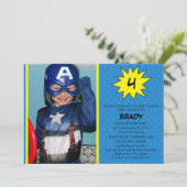 Blue Save the Day Superheld Photo Birthday Party Kaart (Staand voorkant)