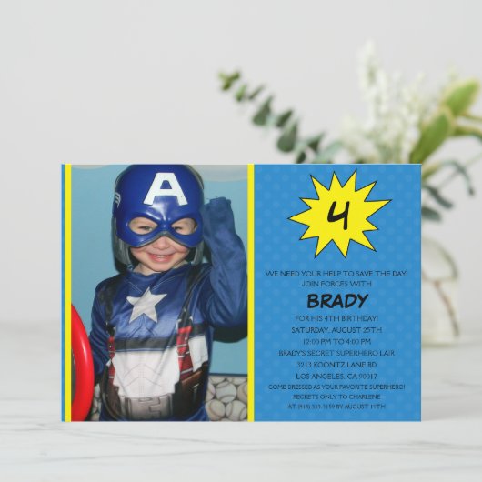 Blue Save the Day Superheld Photo Birthday Party Kaart (Staand voorkant)