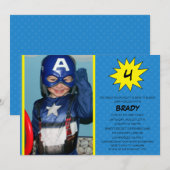 Blue Save the Day Superheld Photo Birthday Party Kaart (Voorkant / Achterkant)