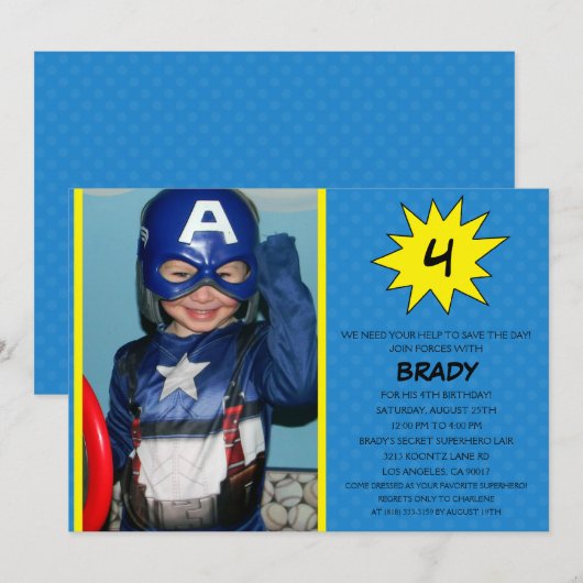 Blue Save the Day Superheld Photo Birthday Party Kaart (Voorkant / Achterkant)