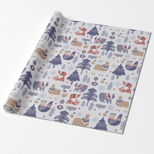 Blue Scandinavian Winter Fox Badger Cadeaupapier (Uitgerold)