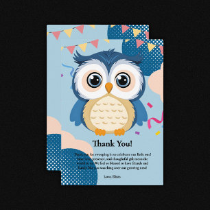 Blue Schattig Woodland Baby Owl Baby shower Bedankkaart
