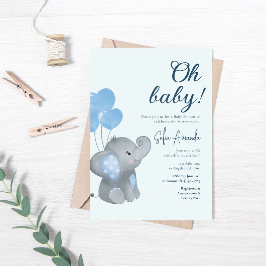 Blue Schattige Baby Elephant Baby shower Kaart
