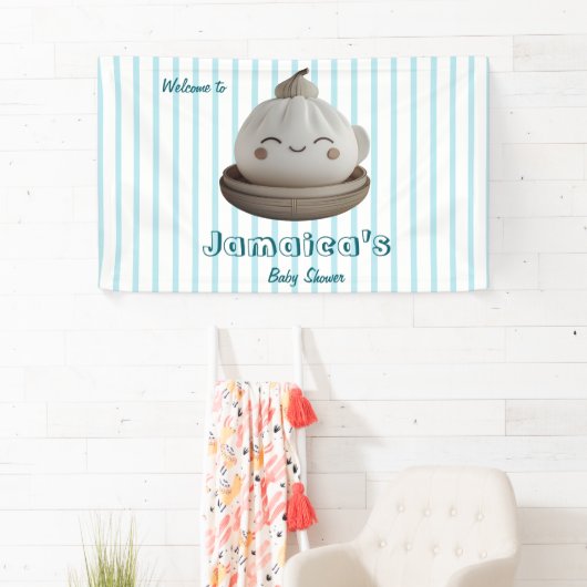 Blue Schattige Dumpling Welkom Baby shower Banner (Insitu)