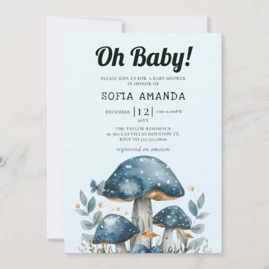 Blue Schattige Mushroom Baby shower Kaart (Voorkant)
