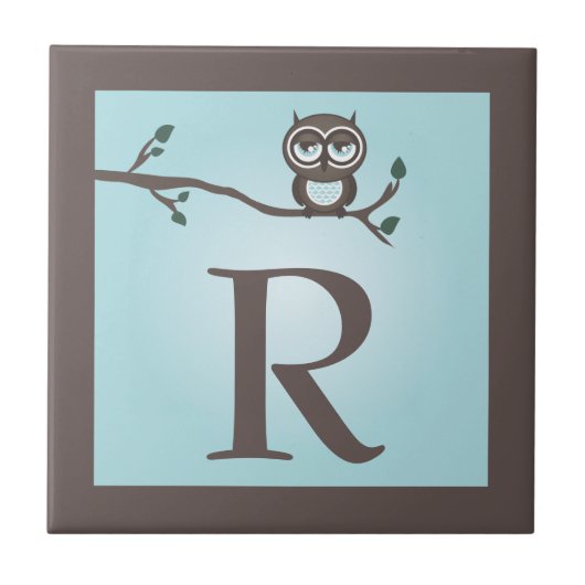 Blue Schattige Owl Monogram Trivet Tegel Tegeltje (Voorkant)