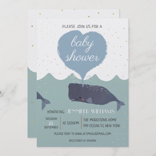 Blue Schattige Whale Baby shower Invitation (Voorkant / Achterkant)