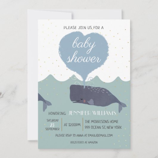 Blue Schattige Whale Baby shower Invitation Kaart (Voorkant)