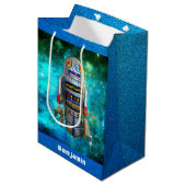 Blue Sci Fi retro speelgoed robot galaxy aangepast Medium Cadeauzakje (Voorkant Gekanteld)