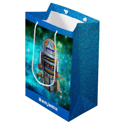 Blue Sci Fi retro speelgoed robot galaxy aangepast Medium Cadeauzakje (Voorkant Gekanteld)