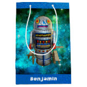 Blue Sci Fi retro speelgoed robot galaxy aangepast Medium Cadeauzakje (Voorkant)