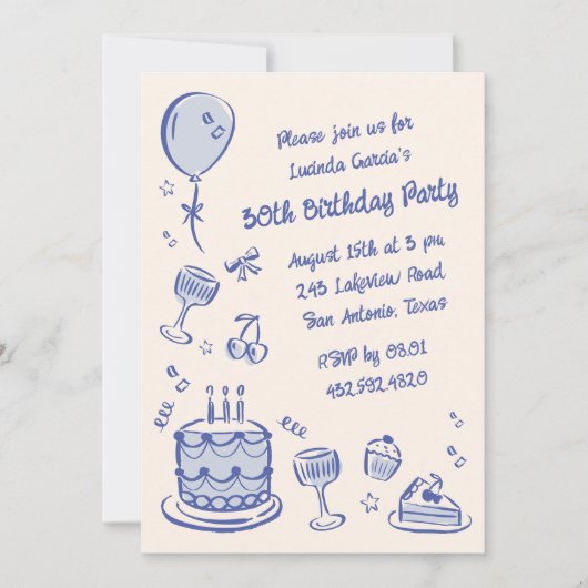 Blue Scribble Hand getekend 30ste verjaardagsfeest Kaart (Voorkant)
