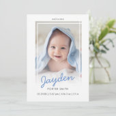 Blue Script Boy Foto geboorteaankondiging Kaart (Staand voorkant)