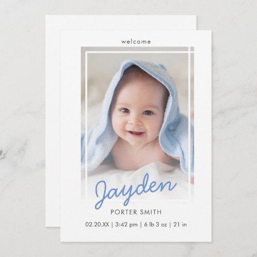 Blue Script Boy Foto geboorteaankondiging Kaart (Voorkant / Achterkant)