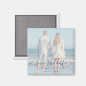 Blue Script Couple Photo Wedding Save the Date Magneet (Voorkant / Achterkant)