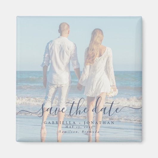Blue Script Couple Photo Wedding Save the Date Magneet (Voorkant)