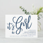 Blue Script en Pink Het is een meisje Baby shower Kaart (Staand voorkant)