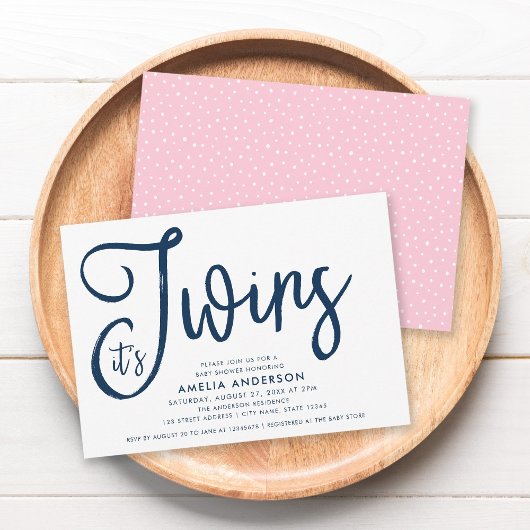 Blue Script en Pink It's Twins Baby shower Kaart