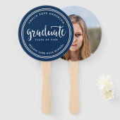 Blue Script en White Stripes Afstuderen Foto Handwaaier (Voorkant en achterkant)