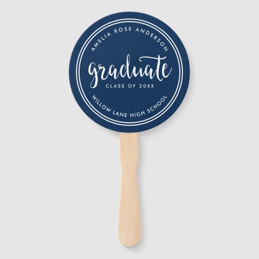 Blue Script en White Stripes Afstuderen Foto Handwaaier (Voorkant)