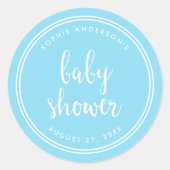 Blue Script en White Stripes Baby shower Ronde Sticker (Voorkant)