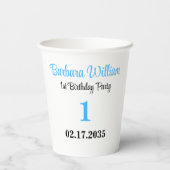 ​Blue Script First Birthday Custom Party Papieren Bekers (Achterkant)
