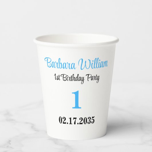 Blue Script First Birthday Custom Party Papieren Bekers (Achterkant)
