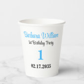 ​Blue Script First Birthday Custom Party Papieren Bekers (Voorkant)
