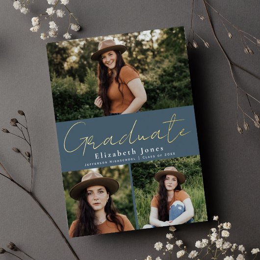 Blue Script Folie Afstuderen Fotoaankondiging Folie Uitnodiging