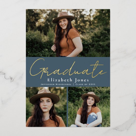 Blue Script Folie Afstuderen Fotoaankondiging Folie Uitnodiging (Voorkant)