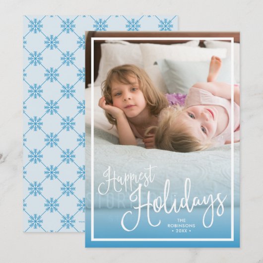 Blue Script Gelukkig Feestdagen Holiday Foto Feestdagenkaart (Voorkant / Achterkant)