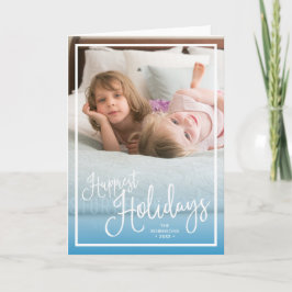 Blue Script Gelukkig Feestdagen Holiday Foto Kaart