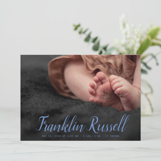 blue SCRIPT Naam boy Baby Geboorteaankondiging Kaart (Staand voorkant)