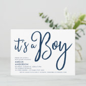 Blue Script & Pastel Blue Het is een Boy Baby show Kaart (Staand voorkant)