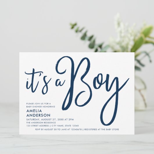 Blue Script & Pastel Blue Het is een Boy Baby show Kaart (Staand voorkant)